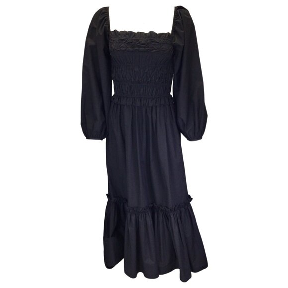 CARA CARA BLACK RUFFLED LONG SLEEVED COTTON MIDI DRESS